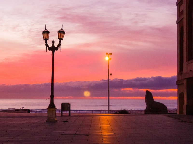 La Rambla al atardecer, con el lobo marino de piedra