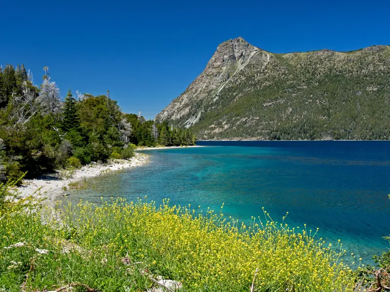 Costa turquesa del lago con bosque y un cerro rocoso en Villa La Angostura